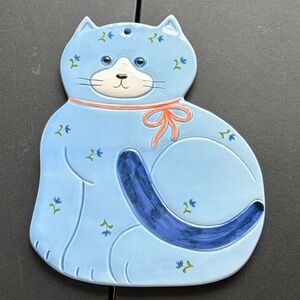 Otagiri Japan Vintage Blue Floral Cat Ceramic Trivet/Wall Hanging